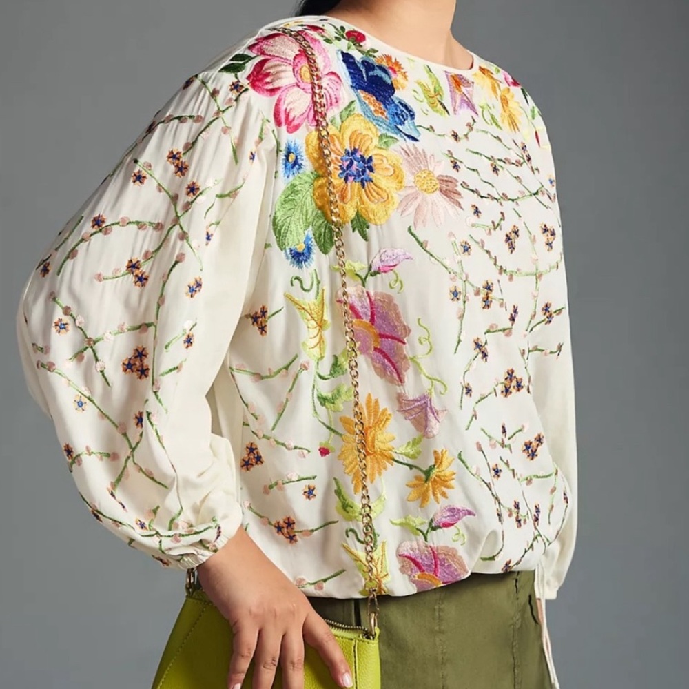 🔥SOLD🔥 Anthropologie Tiny Lori Embroidered Ivory Floral Boho Peasant Top S - Picture 2 of 11